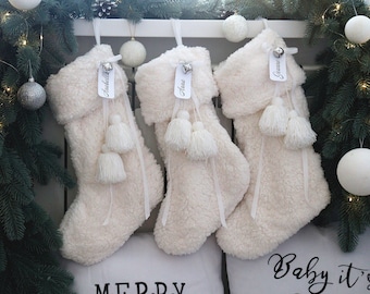 Christmas Stocking, Christmas decor, White Teddy Boucle Faux Fur Christmas Stocking, Custom Christmas Stocking