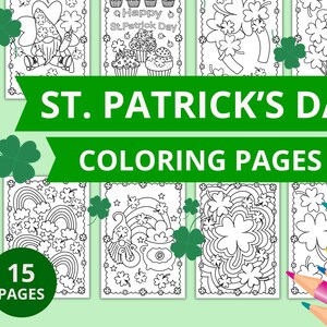 May include: A set of 15 black and white St. Patrick's Day coloring pages featuring various Irish themes, including shamrocks, rainbows, leprechauns, and pots of gold. The pages are ready for instant download.