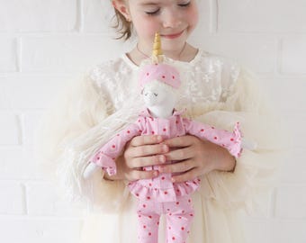 Handmade Unicorn Doll in Pink Pajamas, Soft Cloth Unicorn Toy with Sleep Mask, Birthday Gift for Girls, Nursery Decor