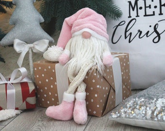 Pink Christmas Gnome, Pink Christmas Decor, Bookshelf Decor, Scandinavian Christmas Tiered Tray Decor