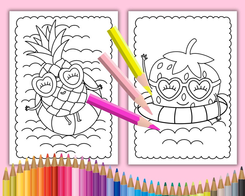 Peut inclure: Une page &agrave; colorier en noir et blanc repr&eacute;sentant un ananas et une fraise portant des lunettes de soleil et flottant sur des bou&eacute;es. L'ananas a un visage avec deux yeux et une bouche. La fraise a un visage avec deux yeux et une bouche. L'arri&egrave;re-plan est un motif ondul&eacute;.