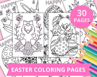 30 Easter Coloring Pages: Bunny, Chick, Eggs (PDF Printable)