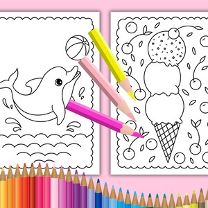 Peut inclure: Deux pages &agrave; colorier, l'une avec un dauphin sautant hors de l'eau et l'autre avec un cornet de glace &agrave; trois boules et des cerises. Un jeu de crayons de couleur se trouve en bas de l'image.