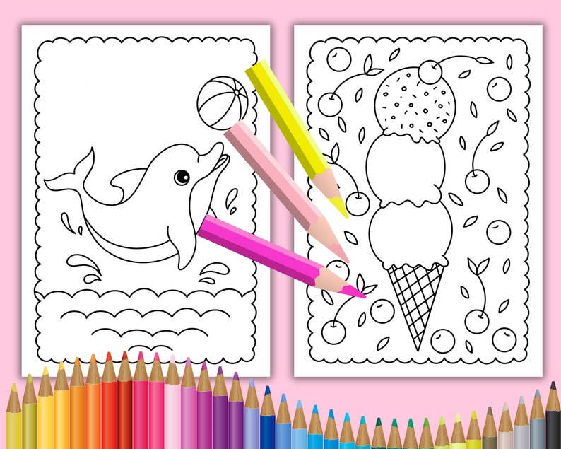 Peut inclure: Deux pages &agrave; colorier, l'une avec un dauphin sautant hors de l'eau et l'autre avec un cornet de glace &agrave; trois boules et des cerises. Un jeu de crayons de couleur se trouve en bas de l'image.