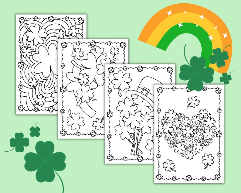 May include: Four black and white coloring pages featuring shamrocks and a leprechaun hat. The pages are on a green background with shamrocks.