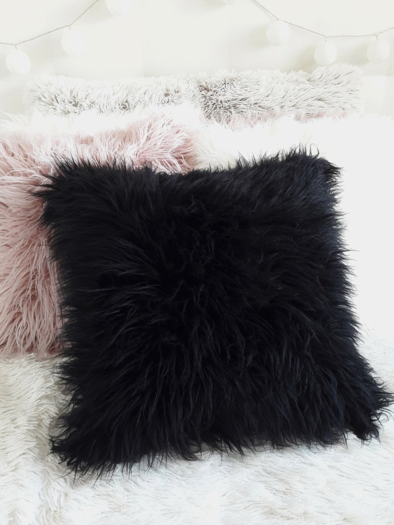 Faux Fur Pillow Black Faux Fur Pillow Cover Mongolian Fur Etsy