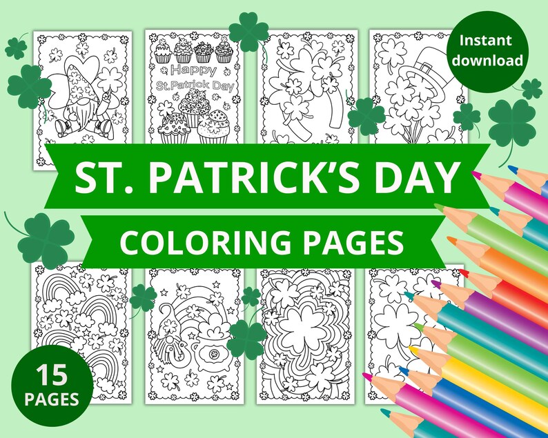 May include: A set of 15 black and white St. Patrick's Day coloring pages featuring various Irish themes, including shamrocks, rainbows, leprechauns, and pots of gold. The pages are ready for instant download.