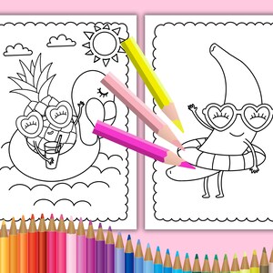 Peut inclure: Une page &agrave; colorier en noir et blanc repr&eacute;sentant un ananas portant des lunettes de soleil et un gilet de sauvetage, et une banane portant des lunettes de soleil et un gilet de sauvetage. L'ananas est assis dans un flotteur en forme de flamant rose. La banane est debout dans un gilet de sauvetage. La page &agrave; colorier est entour&eacute;e de crayons de couleur.