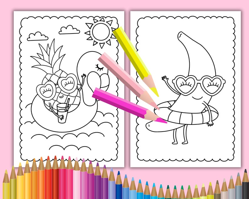 Peut inclure: Une page &agrave; colorier en noir et blanc repr&eacute;sentant un ananas portant des lunettes de soleil et un gilet de sauvetage, et une banane portant des lunettes de soleil et un gilet de sauvetage. L'ananas est assis dans un flotteur en forme de flamant rose. La banane est debout dans un gilet de sauvetage. La page &agrave; colorier est entour&eacute;e de crayons de couleur.