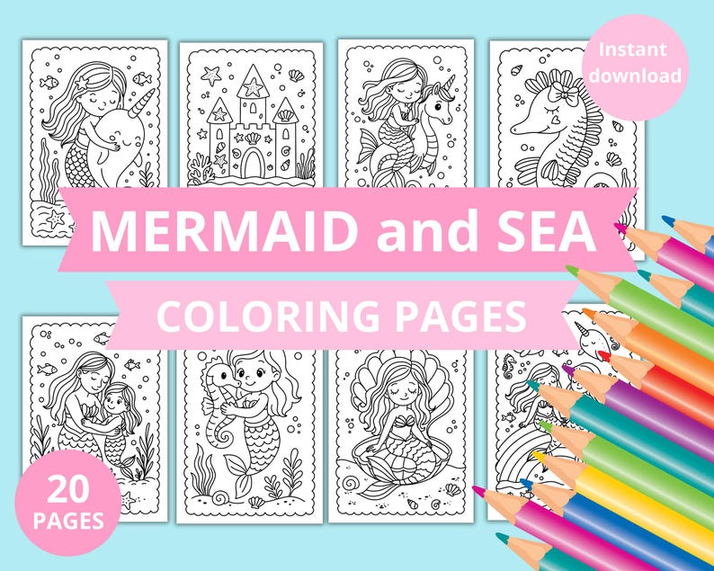 Op de afbeelding: Een verzameling van 20 kleurplaten met zeemeerminnen en zee-thema's. De pagina's bevatten verschillende illustraties van zeemeerminnen, zeedieren en onderwater sc&egrave;nes. De tekst "MERMAID and SEA COLORING PAGES" staat op een roze banner. Kleurpotloden zijn zichtbaar.