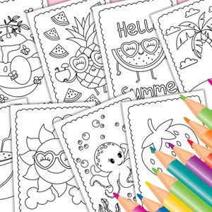 Peut inclure: Un ensemble de huit pages &agrave; colorier en noir et blanc sur le th&egrave;me de l'&eacute;t&eacute;. Les pages comprennent une ruche, un ananas, une past&egrave;que, un palmier, un soleil, une pieuvre et une fraise. Les pages sont con&ccedil;ues pour que les enfants puissent les colorier.