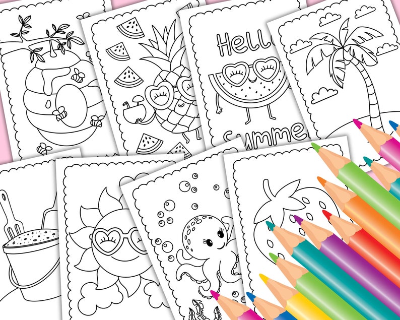 Peut inclure: Un ensemble de huit pages &agrave; colorier en noir et blanc sur le th&egrave;me de l'&eacute;t&eacute;. Les pages comprennent une ruche, un ananas, une past&egrave;que, un palmier, un soleil, une pieuvre et une fraise. Les pages sont con&ccedil;ues pour que les enfants puissent les colorier.