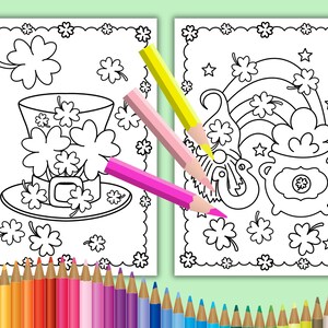May include: Two black and white coloring pages featuring St. Patrick's Day themes. The first page shows a leprechaun's hat with shamrocks. The second page shows a leprechaun with a pot of gold at the end of a rainbow.