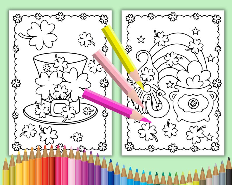 May include: Two black and white coloring pages featuring St. Patrick's Day themes. The first page shows a leprechaun's hat with shamrocks. The second page shows a leprechaun with a pot of gold at the end of a rainbow.