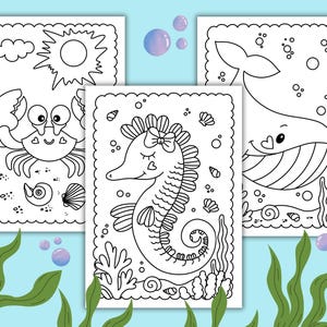 Op de afbeelding: Drie zwart-wit kleurplaten met zeedieren. E&eacute;n pagina toont een krab met een zon en wolken, een andere een zeepaardje met een strik en de laatste een walvis. Bubbels en zeewier staan op de achtergrond.