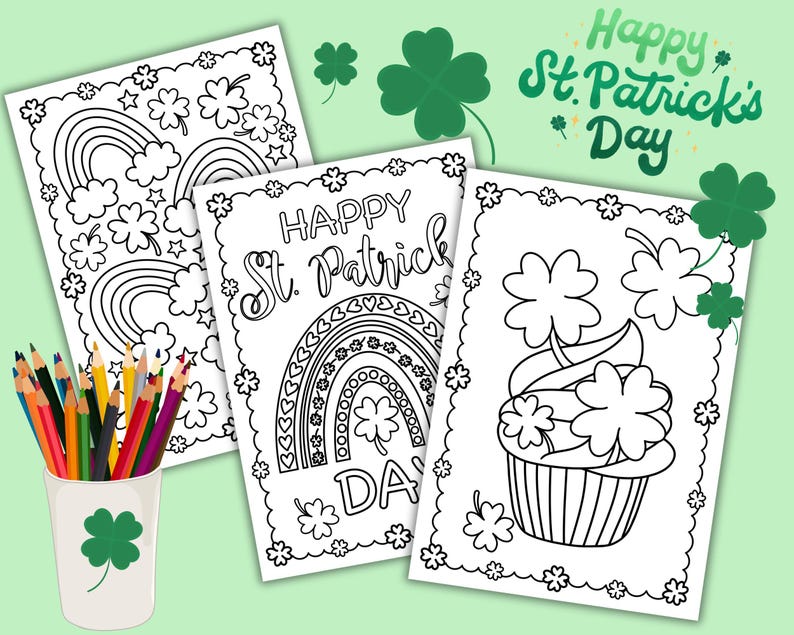 May include: Three black and white coloring pages featuring St. Patrick's Day themes. The first page has a rainbow and shamrocks, the second page has a rainbow and shamrocks with the text "Happy St. Patrick's Day", and the third page has a cupcake with shamrocks.