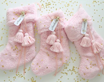 Personalized Pink Teddy Christmas Stocking: Blush Sherpa Faux Fur with Tassels