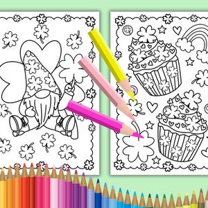 May include: A coloring page featuring two images: a gnome holding a four-leaf clover and a cupcake with shamrocks and hearts. The images are surrounded by shamrocks and other St. Patrick's Day themed decorations.