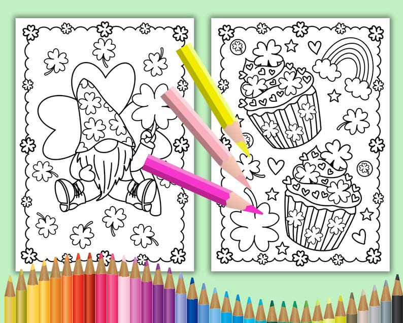 May include: A coloring page featuring two images: a gnome holding a four-leaf clover and a cupcake with shamrocks and hearts. The images are surrounded by shamrocks and other St. Patrick's Day themed decorations.