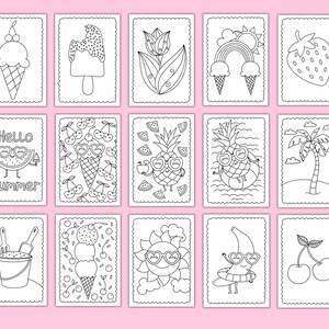 Peut inclure: Un ensemble de 12 pages &agrave; colorier en noir et blanc repr&eacute;sentant des illustrations sur le th&egrave;me de l'&eacute;t&eacute;. Les illustrations comprennent des cornets de glace, des sucettes glac&eacute;es, des past&egrave;ques, des ananas, des cerises, des palmiers et un arc-en-ciel. Le texte "Hello Summer" est pr&eacute;sent&eacute; sur l'une des pages.
