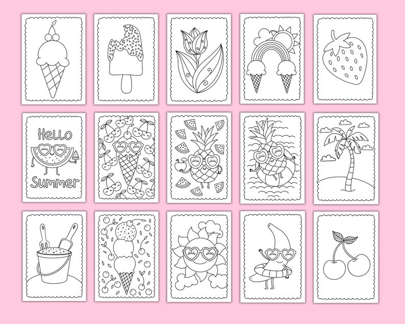 Peut inclure: Un ensemble de 12 pages &agrave; colorier en noir et blanc repr&eacute;sentant des illustrations sur le th&egrave;me de l'&eacute;t&eacute;. Les illustrations comprennent des cornets de glace, des sucettes glac&eacute;es, des past&egrave;ques, des ananas, des cerises, des palmiers et un arc-en-ciel. Le texte "Hello Summer" est pr&eacute;sent&eacute; sur l'une des pages.
