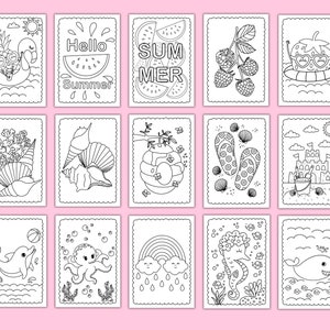 Peut inclure: Un ensemble de 12 pages &agrave; colorier en noir et blanc sur le th&egrave;me de l'&eacute;t&eacute;. Les images comprennent un flamant rose sur un flotteur, une past&egrave;que, des fraises, des coquillages, des tongs, un ch&acirc;teau de sable, un dauphin, une pieuvre, un arc-en-ciel, un hippocampe et une baleine.