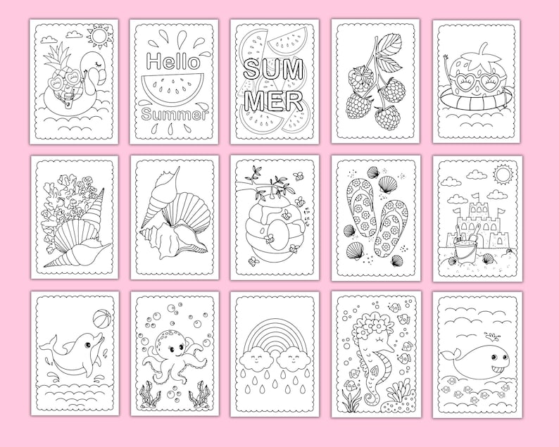 Peut inclure: Un ensemble de 12 pages &agrave; colorier en noir et blanc sur le th&egrave;me de l'&eacute;t&eacute;. Les images comprennent un flamant rose sur un flotteur, une past&egrave;que, des fraises, des coquillages, des tongs, un ch&acirc;teau de sable, un dauphin, une pieuvre, un arc-en-ciel, un hippocampe et une baleine.