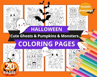 Halloween Coloring Pages – Cute Ghosts, Pumpkins, Monsters | Printable Coloring Book for Kids, Trick or Treat Activity, Instant Download