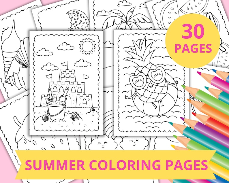 Peut inclure: Un ensemble de 30 pages &agrave; colorier sur le th&egrave;me de l'&eacute;t&eacute; en noir et blanc. Les pages pr&eacute;sentent des images d'un ananas portant des lunettes de soleil, un ch&acirc;teau de sable, des coquillages, une past&egrave;que et un arc-en-ciel. Le texte "30 PAGES" et "PAGES &Agrave; COLORIER D'&Eacute;T&Eacute;" est inclus dans l'image.
