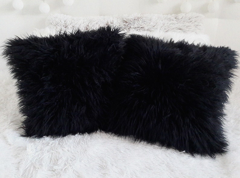 Faux Fur Pillow Black Faux Fur Pillow Cover Mongolian Fur Etsy