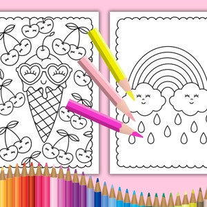 Peut inclure: Deux pages &agrave; colorier, l'une avec un cornet de glace portant des lunettes de soleil et entour&eacute; de cerises, et l'autre avec un arc-en-ciel et des nuages avec des gouttes de pluie.