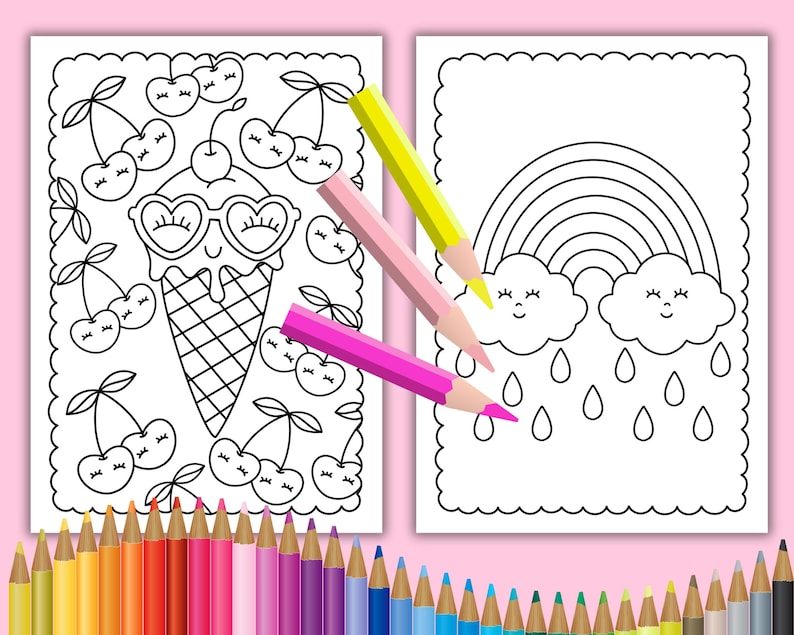 Peut inclure: Deux pages &agrave; colorier, l'une avec un cornet de glace portant des lunettes de soleil et entour&eacute; de cerises, et l'autre avec un arc-en-ciel et des nuages avec des gouttes de pluie.