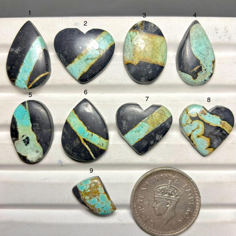 May include: A collection of nine polished gemstones in various shapes, including teardrop, heart, and oval. The stones feature a striking contrast of black, turquoise, and gold colors. A coin is included for size reference.