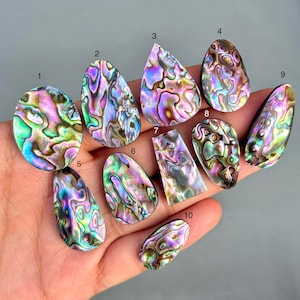 May include: A collection of ten iridescent abalone shell pieces in various shapes, including oval, teardrop, and rectangular. The shells display a mix of colors, such as green, purple, and gold, with a swirling pattern.