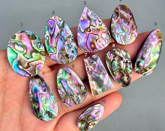 May include: A collection of ten iridescent abalone shell pieces in various shapes, including oval, teardrop, and rectangular. The shells display a mix of colors, such as green, purple, and gold, with a swirling pattern.