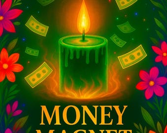May include: An illustrated image with a green candle, surrounded by floating dollar bills and colorful flowers. The text "MONEY MAGNET Book Today" is displayed at the bottom, with "Natural Mystic Insights" at the top.
