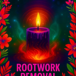 Pode incluir: Ilustração digital com uma vela brilhante com uma chama brilhante, rodeada por elementos florais vermelhos e laranja. O texto "Natural Mystic Insights" e "Rootwork Removal Book Today" é exibido.