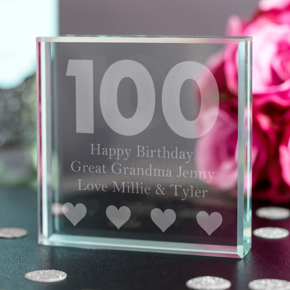 Image of 100Th Birthday Glass Keepsake | Personalised With Any Message Presented in A Gift Box 8cm Sqaure Gifts