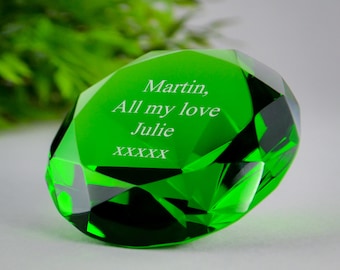 Personalised Optical Crystal Green Diamond Paperweight | Engraved Crystal | Personalised with Message | Anniversary Gifts