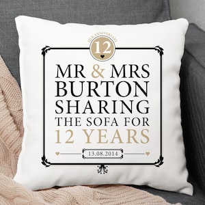 Personalised 12th Anniversary Sharing The Sofa Cushion, printed with any name and date / Anniversary gift / Silk Anniversary
