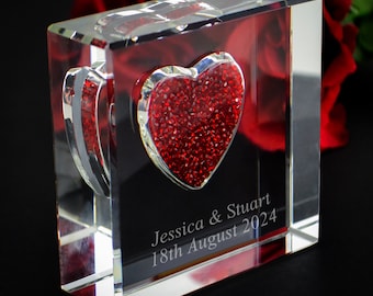 Personalised Glass Keepsake with Red Crystal Heart - Engraved Paperweight - Unique Gifts for Couple