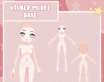 May include: A digital 3D model base for a VTuber character. The model is shown in three poses, front, side, and back. The model is a female character with green eyes and pink lips. The model is designed for use with Vroid and VRM software. The text on the image reads "VTuber Model Base .VROID/.VRM @JESSAIR_"