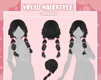 May include: A digital illustration of a black hairstyle with pink bows. The hairstyle is shown in three different views: front, back, and side. The text "VROID HAIRSTYLE + PHYSICS" is at the top of the image. The text "JESSAIR_" is at the bottom of the image.