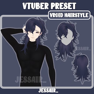 Puede incluir: Una ilustración digital de un preajuste de Vtuber para el programa Vroid. El preajuste presenta un peinado azul oscuro con una coleta. El peinado se muestra en un modelo de personaje y como una imagen separada.