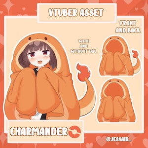 May include: A digital illustration of a character wearing a  Charmander onesie with a tail. The onesie is orange with a red flame on the tail. The character is sitting with their legs crossed. The text "VTUBER ASSET" is at the top of the image. The text "WITH AND WITHOUT TAIL" is in the middle of the image. The text "FRONT AND BACK" is on the right side of the image. The text "CHARMANDER" is at the bottom of the image. The text "@JESSAIR_" is at the bottom right of the image.