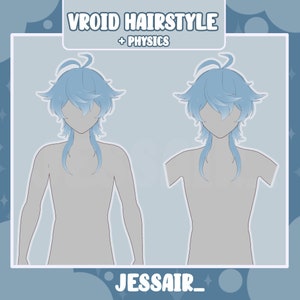 May include: A digital illustration of a blue hairstyle with physics enabled, for use in the VROID avatar creation software. The text "VROID Hairstyle + Physics" and "JESSAIR_" are also included in the image.