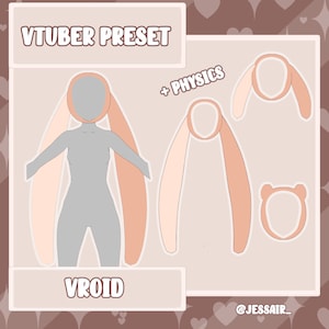 Puede incluir: Un preajuste de Vtuber para Vroid con una diadema de orejas de conejo rosa y melocotón con física. El preajuste incluye un modelo base con la diadema y dos opciones de diadema adicionales.