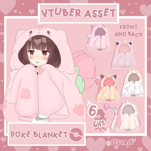 Puede incluir: Una manta rosa Poké Blanket con un personaje que lleva la manta. La manta tiene un diseño de flor rosa y una huella de pata. El texto "VTUBER ASSET" está en la parte superior de la imagen. El texto "POKE BLANKET" está en la parte inferior de la imagen. El texto "FRONT AND BACK" está en la esquina superior derecha de la imagen. El texto "6. Gift" está en la esquina inferior derecha de la imagen. El texto "@JESSAIR" está en la esquina inferior derecha de la imagen.