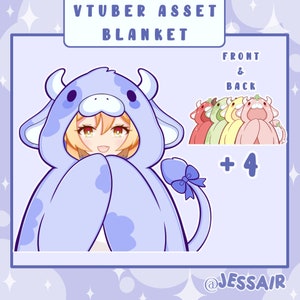 Puede incluir: Una manta azul con temática de vaca con un personaje que lleva la manta. El texto "VTUBER ASSET BLANKET" está en la parte superior de la imagen. El texto "FRONT & BACK + 4" está en el lado derecho de la imagen. El texto "@JESSAIR" está en la parte inferior derecha de la imagen.