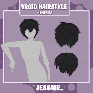 以下が含まれることがあります： Vroidアバター用の物理演算付きの黒髪。ヘアスタイルは、薄い紫色の背景を持つ3Dモデルの人物に表示されています。